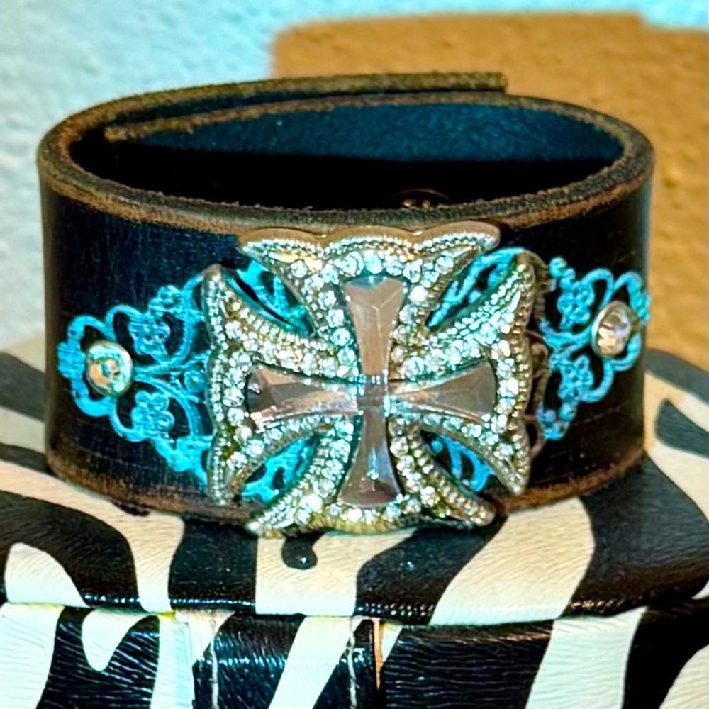 Leather Cuff Bracelet Rhinestone Cross Medallion Turquoise Accents Rodeo Luxe